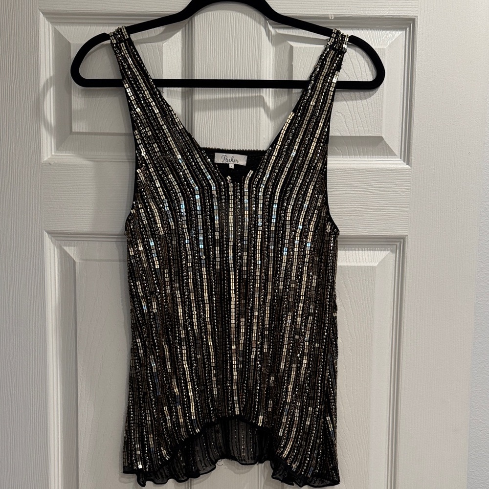 PARKER Designer Black and Gold Striped Sequin Silk Tank Top with peekaboo back